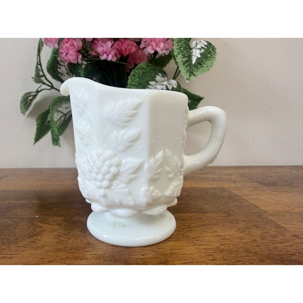 Vintage Westmoreland Paneled Grape Milk Glass Creamer‎ Pedestal Pitcher Decor